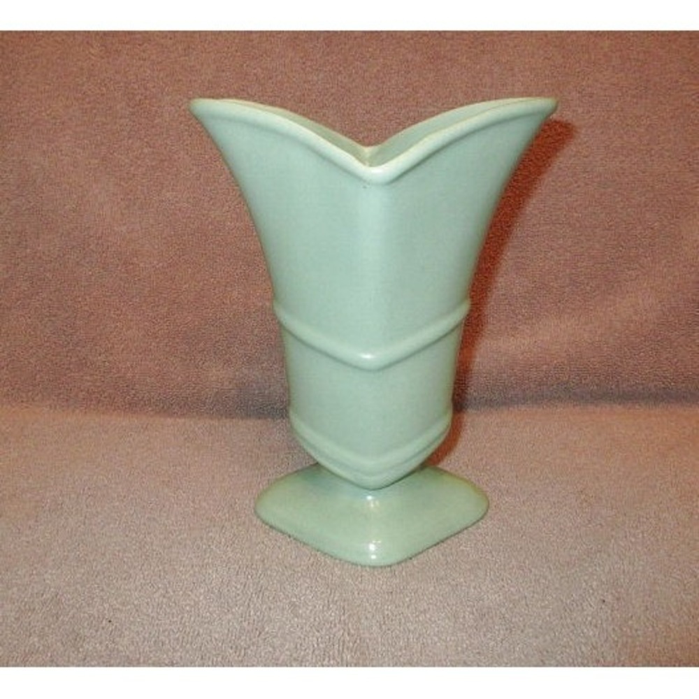 Vintage 1930s Pacific Pottery Vase Aqua Flared Rim Art Deco MCM Chevron USA Made